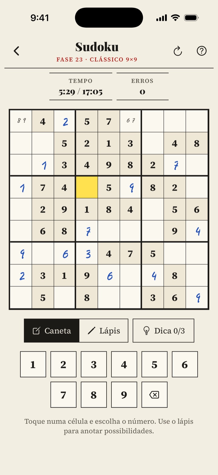 Sudoku 9×9 no MindRack com números escritos à caneta e anotações a lápis