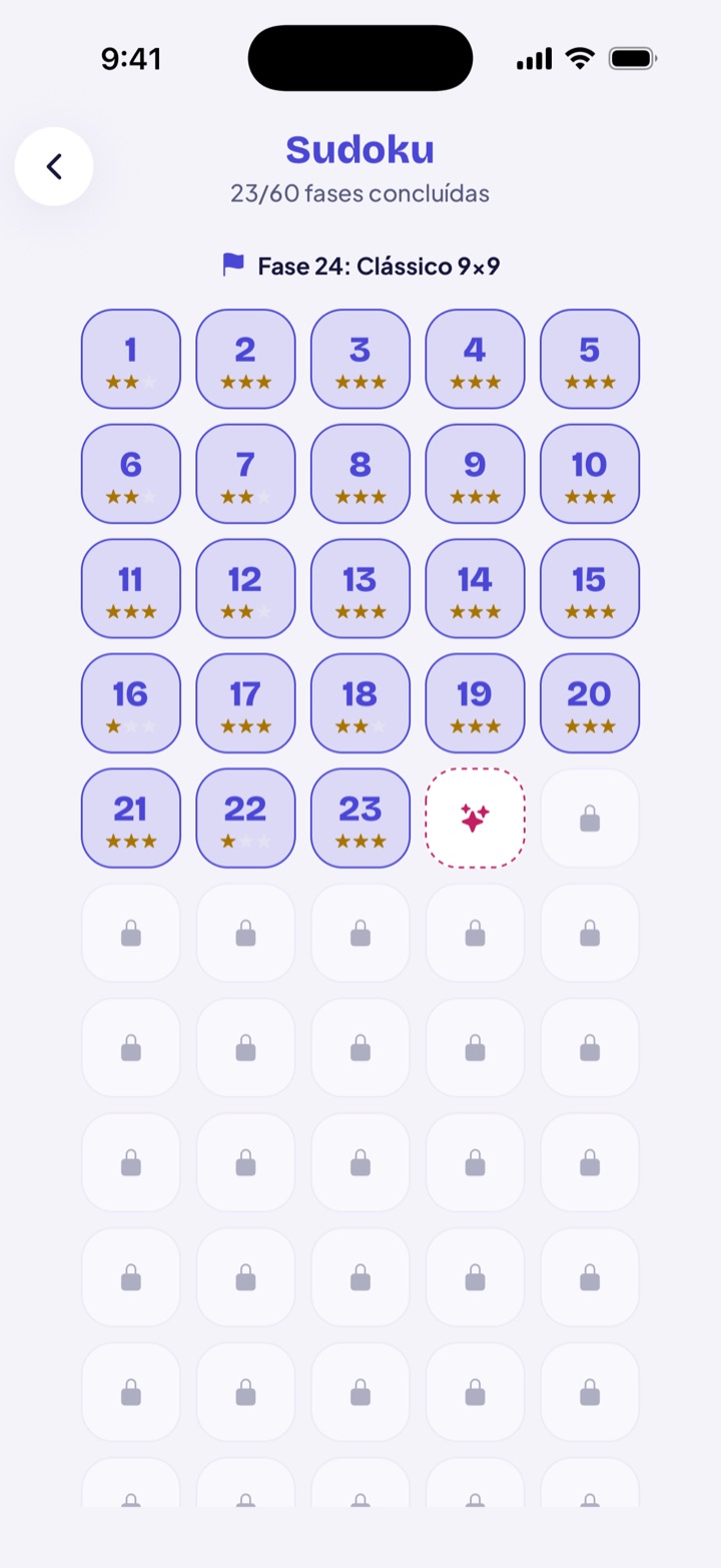 Lista de fases de um jogo do MindRack com estrelas conquistadas em cada fase