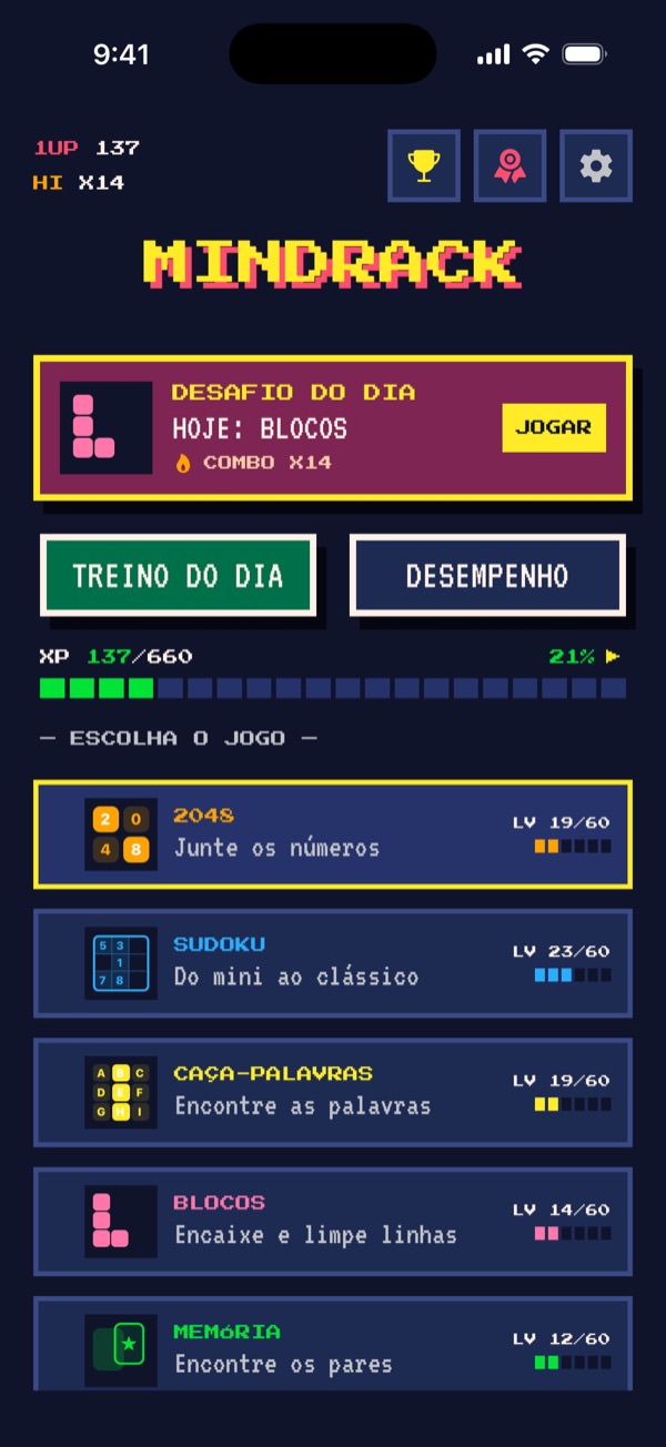 Tela inicial do MindRack no estilo Fliperama