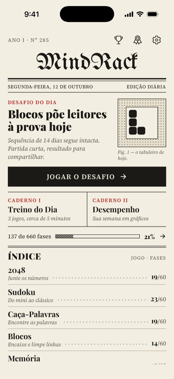 Tela inicial do MindRack no estilo Passatempo